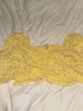 privy Yellow Smocked Puff-Sleeve Bow Crop Top